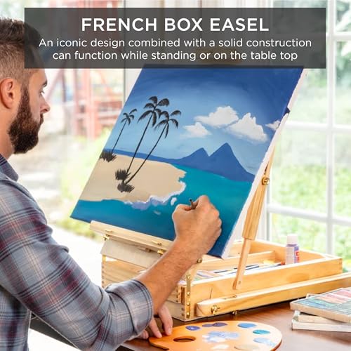 Best Choice Products French Easel, 32pc Beginners Kit Portable Wooden Folding Adjustable Sketch Box Artist Tripod for Painting, Drawing w/Acrylic Paints, Brushes, Canvases, Palettes - Black