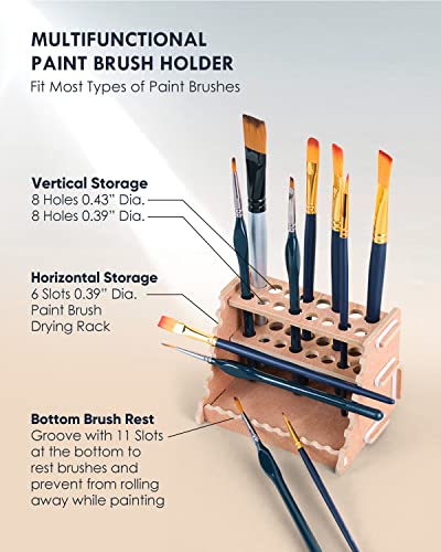 tinctor Wooden Paint Brush Holder for 44 Brushes - Desk Stand Paintbrush Organizer, Holding Rack for Pens, Paint Brushes, Colored Pencils, Markers