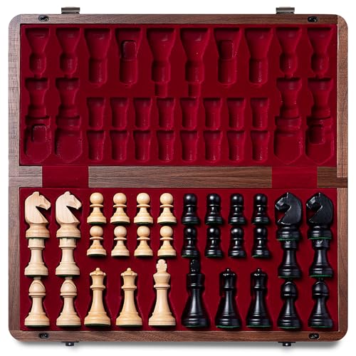 A&A Premium Natural Walnut Folding Chess Set, w/ 15" Board & 3" King Height Staunton Chess Pieces, Includes 2 Extra Queens and a Storage Bag