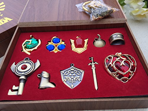 Andrew Jas Unisex The Legend of Zelda Twilight Princess & Hylian Shield & Master Sword finest collection sets keychain/necklace/jewelry series (Red-10set)