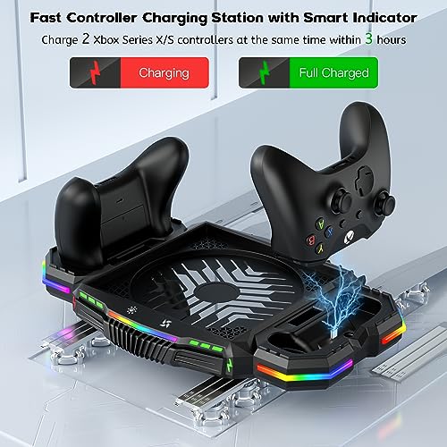 Cooling Stand with Top Fan for Xbox Series X Console - with 2 Rechargeable Battery, 4 Controller Holders and 2 Headphone Stands