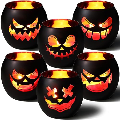 Black Halloween Table Centerpieces Candle Holders 6PCS, Jack O Lantern Tealight Votive Candle Holders, Indoor Halloween Decorations for Mantel Coffe Table Decor