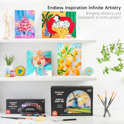 Shuttle Art 46 Pack Acrylic Paint Set, 30 Colors Acrylic Paint with 10 Brushes 3 Canvas 1 Knife Palette Sponge, Complete Gift for Kids, Adults, Beginners, Painting Wood, Ceramic