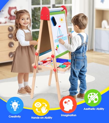 Art Easel for Kids, 3 in 1 Adjustable Double Sided Kids Easel with Magnetic Whiteboard, Chalkboard, 2 Paper Rolls and Accessories, All in One Wooden Toddler Easel, Art Easel for Kids Ages 2-4 4-8 8-12