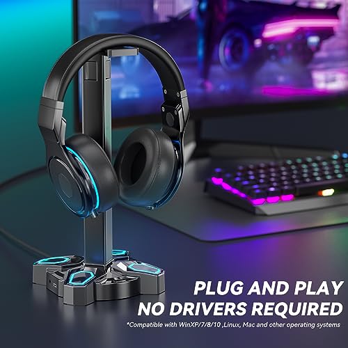 KDD Gaming Headphones Stand, Rotatable Headset Stand with Light Modes - Controller Holder with 2 USB Charging Ports and 3.5mm - Earphone Hanger Accessories for Desktop Gamer(Black)