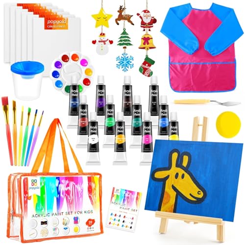 POPYOLA Acrylic Paint Set for Kids, Non Toxic Kids Painting Set with Tabletop Easel, Acrylic Paints, Smock, Canvases, Wooden Stencils, Brushes, Painting Kit Gift for Beginner Student Toddlers