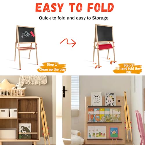 Wooden Art Easel for Kids,Adjustable Double Sided Painting Easel for Toddlers 3,4,5,6,7,8,9,10Years,Foldable Standing Kids Easel with Accessories, Perfect Painting Gifts for Kids Boys&Girls