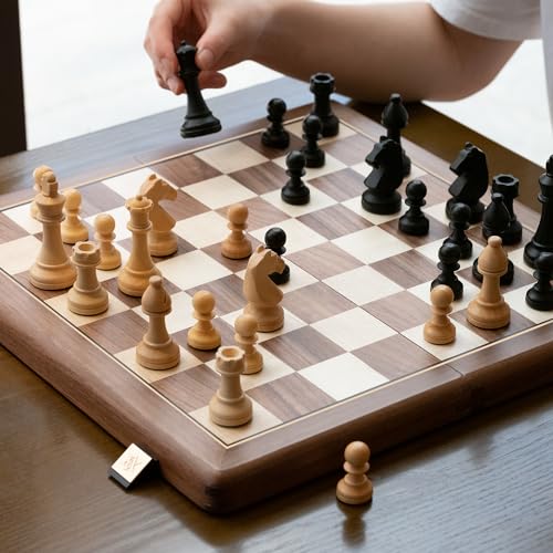 A&A Premium Natural Walnut Folding Chess Set, w/ 15" Board & 3" King Height Staunton Chess Pieces, Includes 2 Extra Queens and a Storage Bag