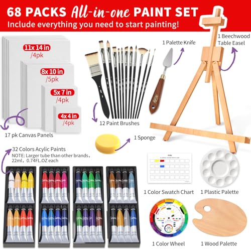 ARTALLY Acrylic Paint Set for Adults & Kids, 67 Pcs Canvas Painting Kits, 32 Colors Acrylic Paint (22ML),Table Easel,Brushes,Canvas, Art Painting Supplies Kit for Students,Artists,Beginners