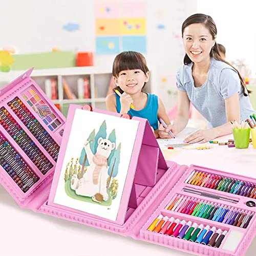 DLUCKY 208 PCS Art Supplies, Drawing Art Kit for Kids Adults Art Set with Double Sided Trifold Easel, Oil Pastels, Crayons, Colored Pencils, Watercolor Pens Gift for Girls Boys Artist,Pink