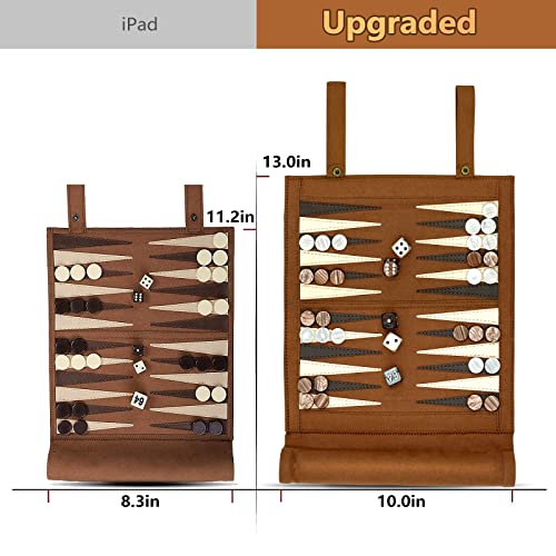 Woodronic Upgraded 3 in 1 Backgammon Chess Checkers Set, Roll Up Travel Game Set for Adults and Kids, Brown, 13.0'' x 10.0''