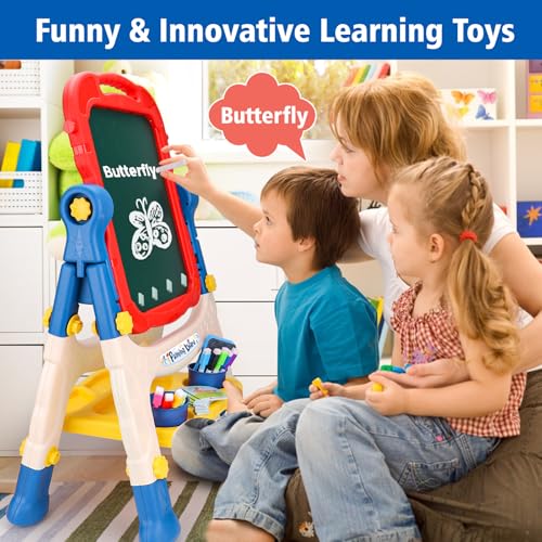 Kids Easel for Toddlers Age 2-4 Art Magnetic White Board & Chalkboard Double Side Adjustable Stand Drawing Writing with Flash Cards Learning Educational Toy for 2 3 4 Year Boys Girl Birthday Gifts