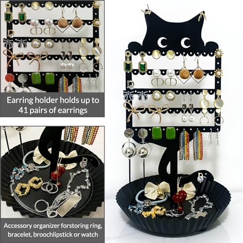 WOXBITA Earring Holder Hanging Organizer Stand Jewelry Rack Metal Cute Cat Tree Shelf Room Decor Table Ear Stud Holder Display Tower with Ring Storage Tray for Teens Girls Kids Cat Lovers