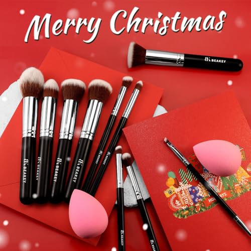 BEAKEY Makeup Brushes Set, Professional Foundation Eyeshadow Concealer Blush Powder Bronzer Applicator, 2 Blender Sponge wit Beauty Paper Case, Gifts for Women Christmas Stocking Stuffers for Adults