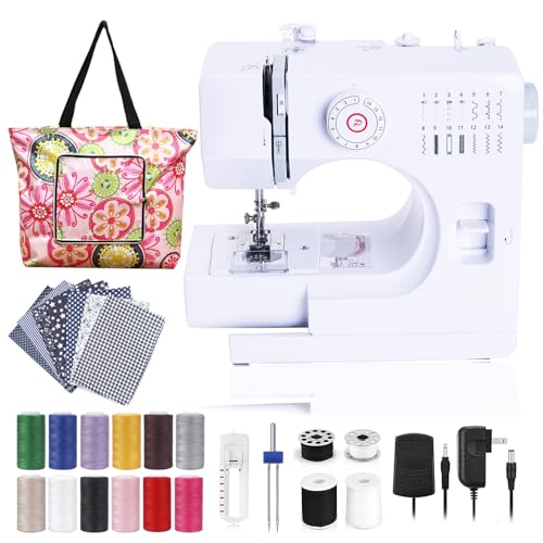 Dechow Sewing Machine for Beginners, Electric Mini Portable, 14 Built-in Stitches with Reverse Sewing, 2 Speeds Double Thread with Foot Pedal, Storage Bag, Cotton Fabric and Threads (White)