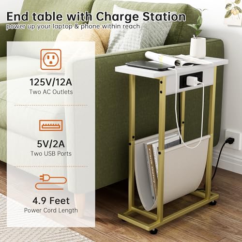 Narrow Side Table with Charge Station and PU Leather Magazine Holder Modern Slim Little Thin Table for Living Room, Bedroom, Sofa, White