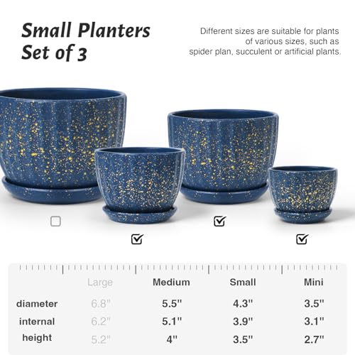 STHIE Ceramic Plant Pots with Drainage Holes and Saucers, Round Blue Flower Pots for Indoor Plant, Diameter 3.3/4.3/5.5 Inches Small Mini Flower Planters Set of 3