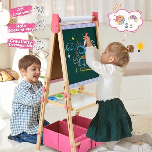 Kids Easel Including 100+ Accessories, Dual-Sided Wooden Easel for Kids Girls Age 3-12 with Magnetic Chalk & Painting Board, Free Height Adjustable Art Easel Supplies for Toddlers (Pink)