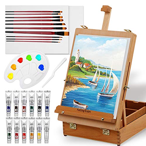 Falling in Art Beechwood Easel Box Set, 27 Pcs Tabletop Acrylic Paint Set, Portable Display Easel Stand with 12 Acrylic Paints, Canvas Panels and Brushes, Suitable for Beginners and Professionals