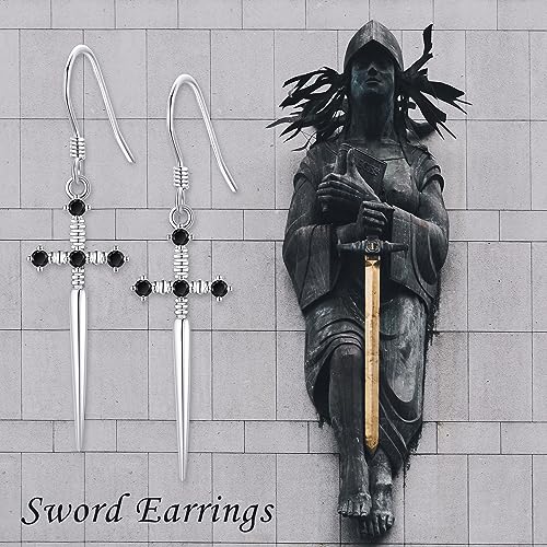 Sword Earrings 925 Sterling Silver Gothic Dangle Drop Earrings Cool Goth Jewelry Gift for Women Men