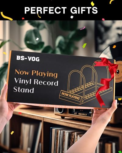 BS-VOG Now Playing Vinyl Record Stand, 50 LP Vinyl Record Storage with Non-slip Grooves, Wood Now Spinning Vinyl Record Holder for Albums Magazine Rack Magazine Organizer Record Display, Gift Package