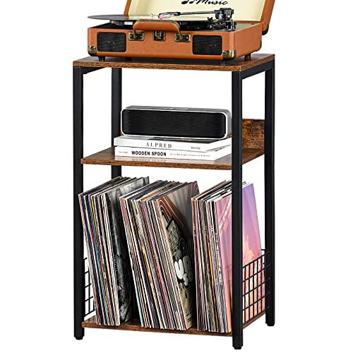 LELELINKY 3 Tier End Table,Record Player Stand with Storage Up to 100 Albums,Turntable Stand for Vinyl,Brown Records Shelf for Living Room Bedroom