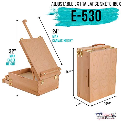 U.S. Art Supply Grand Cayman Extra Large 2 Drawer Adjustable Wood Table Sketchbox Easel, Paint Palette, Premium Beechwood - Portable Wooden Artist Desktop Case - Store Art Paint, Markers, Sketch, Draw