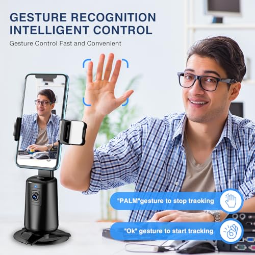 Auto Face Tracking Tripod 360° Rotating Auto Tracking Phone Stand, No App, Phone Camera Stand with Remote and Gesture Control, Rechargeable Smart Shooting Stand for Live Video Recording Tiktok（Black）