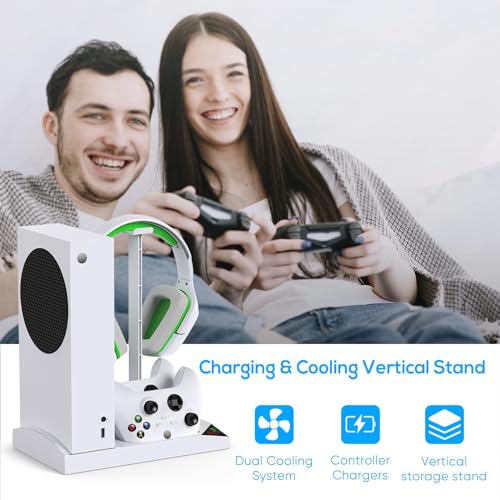 Cooling Fan with Charging Stand for Xbox Series S Console and Controller, Dual Charger Dock Accessories with 2 x 1400mAh Rechargeable Battery and Cover, Headphone Mount for Xbox Series S, White