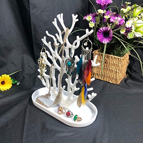 NewFerU Coral Tree Jewelry Hanging Stand Display Table Top Necklace Bracelet Holder Earring Hanger Organizer Rack Tower with a Ring Watch Dish Tray for Women Girls (White)