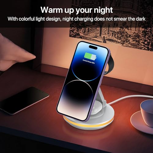 180° Rotating Foldable Magnetic Wireless Charger Stand Wireless Charging Station for iPhone 16 15 14 13 13 12 iWatch 8 7 6 5 4 3 2 Airpods 3 2 Pro (White)