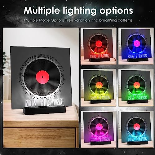 Woodoulogy Now Playing Vinyl Record Stand,Light Up Wooden Album Display Holder with Acrylic Sign, Multi Color LED Now Spinning Hip Hop Record Wood Rack,LP Record Player Accessories Gift