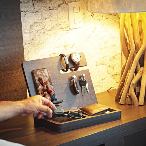 Namore | Nightstand Organizer | Husband Anniversary, Birthday Gift | Wood Phone Docking Station | Wallet, Watch, Keys Organizer | Cool Mens Office Gift for Him, Dad, or Boyfriend