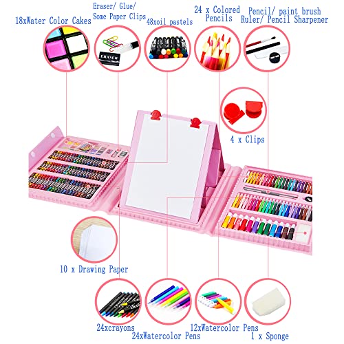 DLUCKY 208 PCS Art Supplies, Drawing Art Kit for Kids Adults Art Set with Double Sided Trifold Easel, Oil Pastels, Crayons, Colored Pencils, Watercolor Pens Gift for Girls Boys Artist,Pink