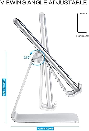 Adjustable Cell Phone Stand, OMOTON Aluminum Desktop Cellphone Stand with Anti-Slip Base and Convenient Charging Port, Fits All Smart Phones, Silver