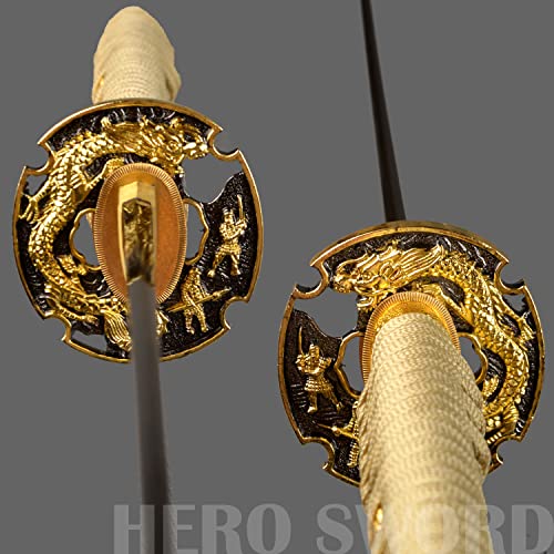 Handmade Gold Blade Japanese Samurai Sword Hand Etching engrave Gold Dragon Katana Full Tang Sharp Can Cut Bamboo Trees (Gold Dragon Katana)