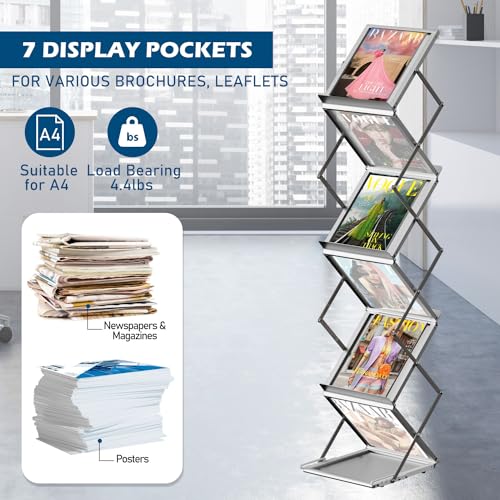 6 Pockets Foldable Aluminum Magazine Rack - Brochure Display Stand, Brochure Catalog Literature Display Stand with Carrying Bag for Exhibition, Trade Show, Office, Retail Store