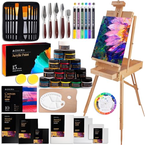 French Easel Acrylic Painting Set, Deluxe Artist Supplies Kit w/Coronado Style Wooden Field & Studio Sketch Box Easel, Stretched & Panel Canvases, Professional Paint, Premium Brushes, Knives, Palettes