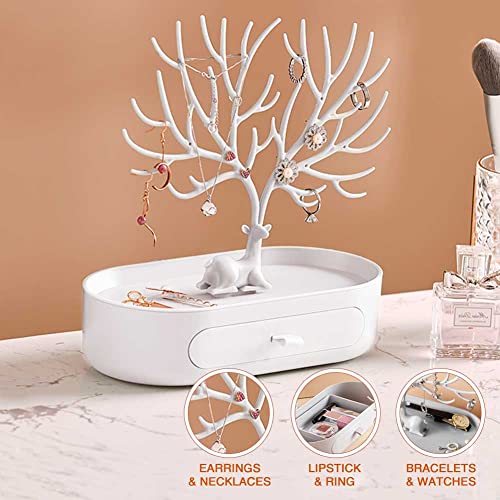 MOJUN Antlers Jewelry Display Stand with Drawers, Necklace Earring Bracelet Jewelry Organizer Display Stand, Plastic Jewelry Tree Ideal Gift for Women, White