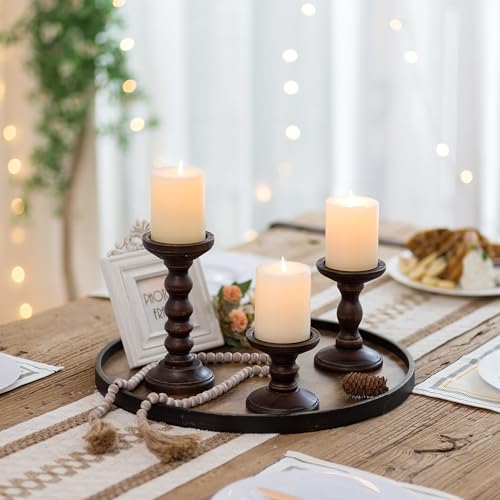 Romadedi Wood Candle Holders for Pillar - Set of 3 Tall Rustic Vintage Wooden Candlestick Holder, Farmhouse Candle Stand for Fireplace Mantle Shelf Table Retro Home Decor, Dark Brown, 3.9"/6"/ 8.3"