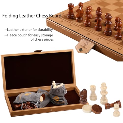 Rinten Chess Set Board for Kids & Adults, 12" Travel Magnetic Chess & Checkers Folding Board 2 in 1 Sets, Portable Folding Leather Chess Boards with 3 Velvet Bag Packaging Pieces