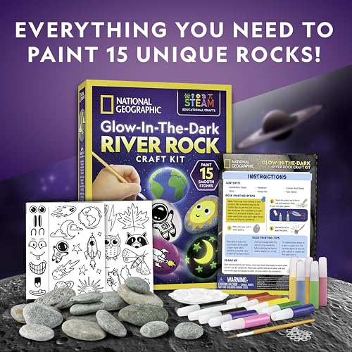 NATIONAL GEOGRAPHIC Glow in the Dark Rock Painting Kit - Arts & Crafts Kit for Kids, Decorate 15 River Rocks with 15 Paint Colors & More Art Supplies, Kids Craft, Kids Art Kit, Kids Activity Kit