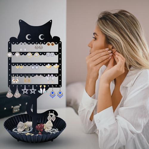 WOXBITA Earring Holder Hanging Organizer Stand Jewelry Rack Metal Cute Cat Tree Shelf Room Decor Table Ear Stud Holder Display Tower with Ring Storage Tray for Teens Girls Kids Cat Lovers