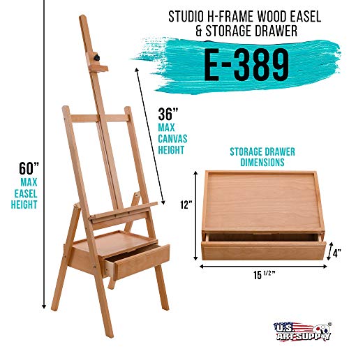 U.S. Art Supply Large Wooden H-Frame Studio Easel with Artist Storage Drawer and Shelf - Mast Adjustable to 75" High, Sturdy Beechwood Canvas Holder Stand - Organized Painting, Drawing Sketching