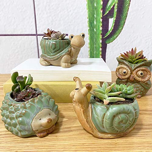 SUNSMIL Small Ceramic Succulent Pot with Drainage, Animal Succulent Planter, 4.4 Inch Flower Pots, for Flower, Cactus, Mini Succulent Plants, Indoor and Outdoor use, Set of 4 Garden Gift