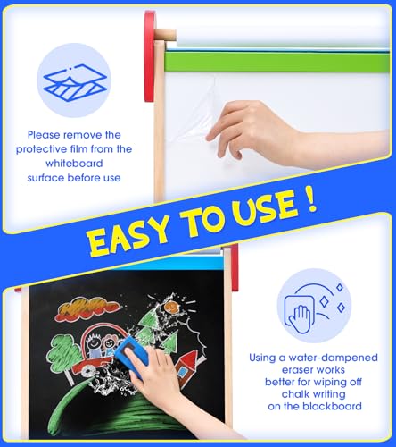 Art Easel for Kids, 3 in 1 Adjustable Double Sided Kids Easel with Magnetic Whiteboard, Chalkboard, 2 Paper Rolls and Accessories, All in One Wooden Toddler Easel, Art Easel for Kids Ages 2-4 4-8 8-12