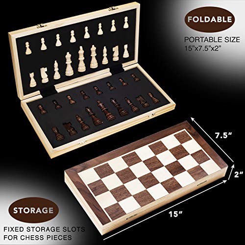 AMEROUS 15 Inches Magnetic Wooden Chess Set - 2 Extra Queens - Folding Board - Pieces Storage Slots, Handmade Portable Travel Chess Game - Beginner Chess Set for Kids, 6 up Age