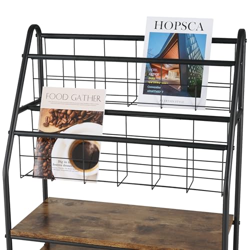 VECELO Magazine Holder Floor,2-Tier Metal Magazine Racks, Newspaper Display Stand with Board Shelves for Books and Brochure in Home Office,Shopping Malls,Indoor&Outdoor Place, Retro Brown