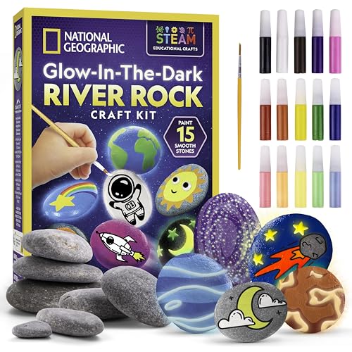 NATIONAL GEOGRAPHIC Glow in the Dark Rock Painting Kit - Arts & Crafts Kit for Kids, Decorate 15 River Rocks with 15 Paint Colors & More Art Supplies, Kids Craft, Kids Art Kit, Kids Activity Kit