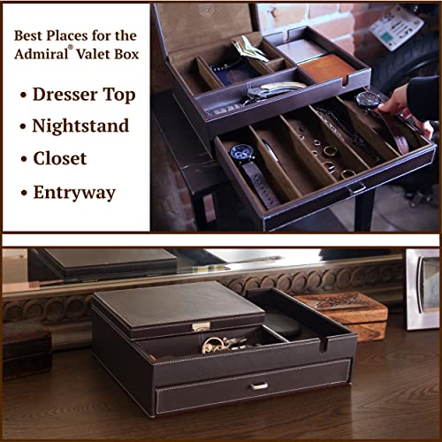 Mens Watch Box Leather Valet Tray - Bedside Table Organizer, Men's Jewelry Box, Watch Case for Men with Large Smartphone Charging Station - Jewelry Box for Men with Valet Box and Nightstand Organizer